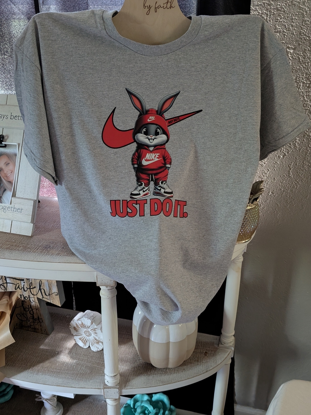 Gray Tee with Red Bunny Graphic
